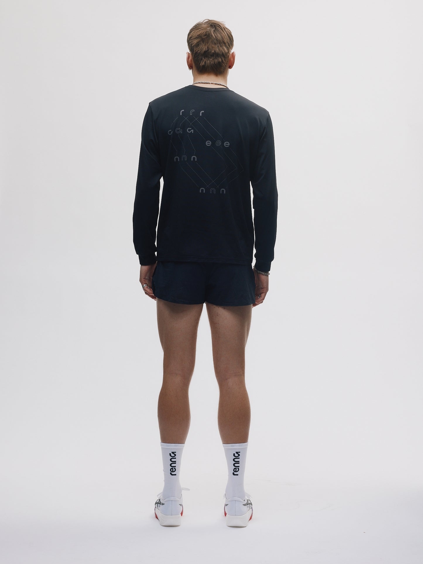 Renna LS 000001 long sleeve running tee, back view with grey print detail