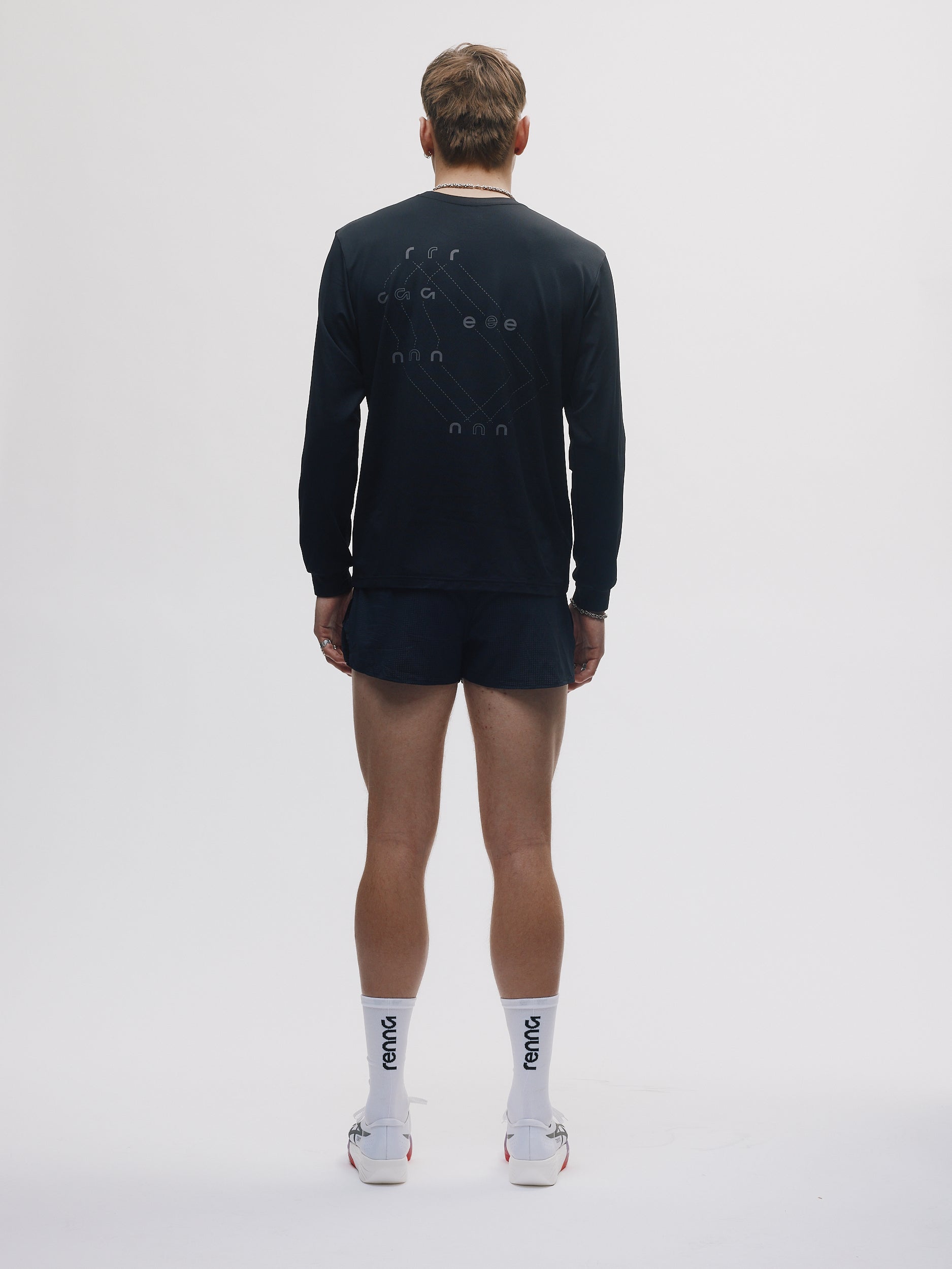 Renna LS 000001 long sleeve running tee, back view with grey print detail